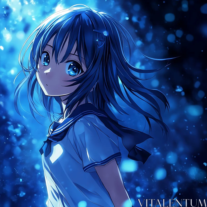 Fantasy Anime Girl with Blue Theme AI Image