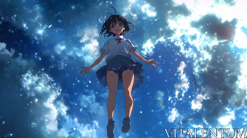 Surreal Anime Scene: Girl in School Uniform Amidst Clouds AI Image