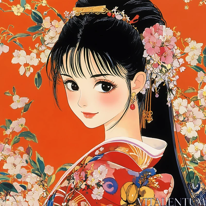 Floral-patterned Kimono Anime Portrait AI Image