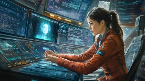 Woman Coding in Futuristic Control Center
