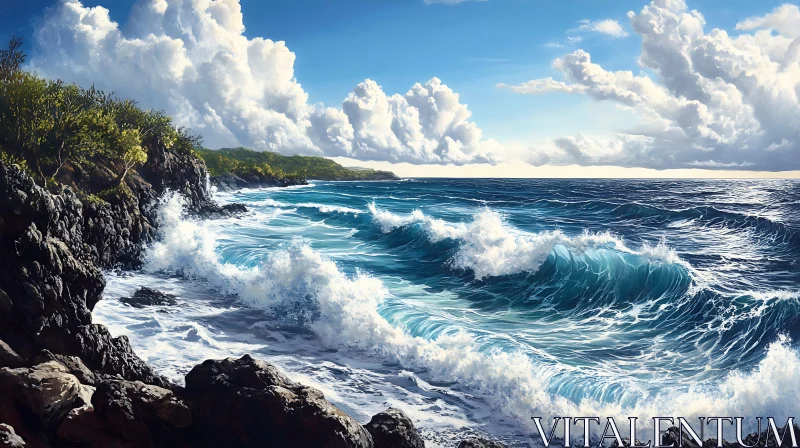 Coastal Seascape with Azure Waves and Clouds AI Image