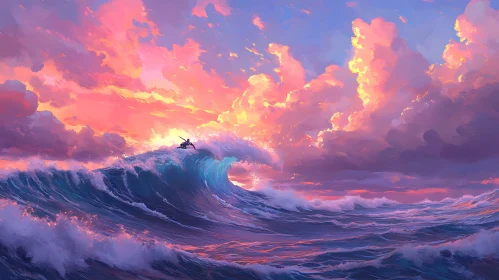 Ocean Wave Surfing Under Sunset Sky
