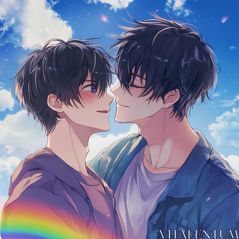 Intimate Anime Moment with Rainbow and Clouds AI Image