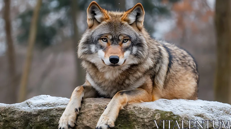 AI ART Resting Wolf on Snowy Rock