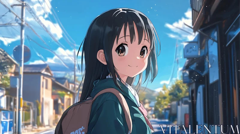 Anime Girl on a Sunny Day in the Neighborhood AI Image