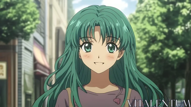 Anime Girl with Green Hair in Urban Setting AI Image