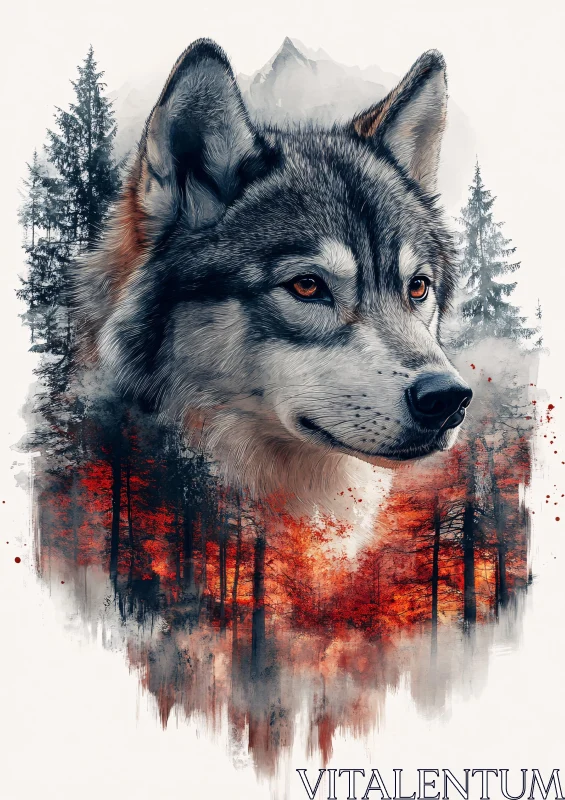 AI ART Watercolor Wolf in Autumn Forest