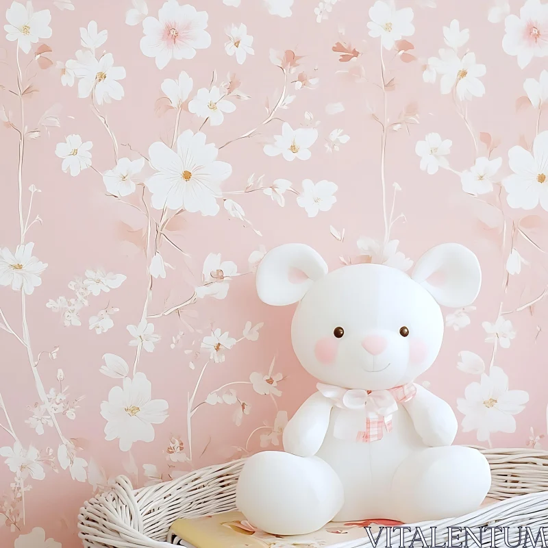 Cute White Teddy Bear and Pink Floral Wallpaper AI Image