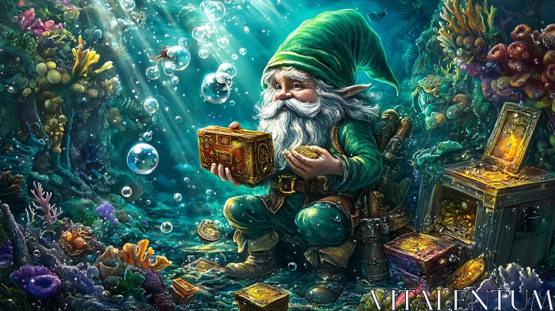 AI ART Submerged Gnome with Treasure Chest