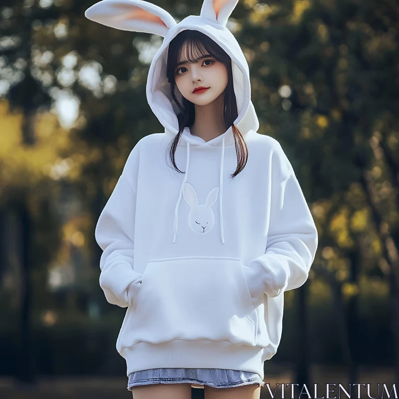 AI ART Girl in White Bunny Ears Hoodie