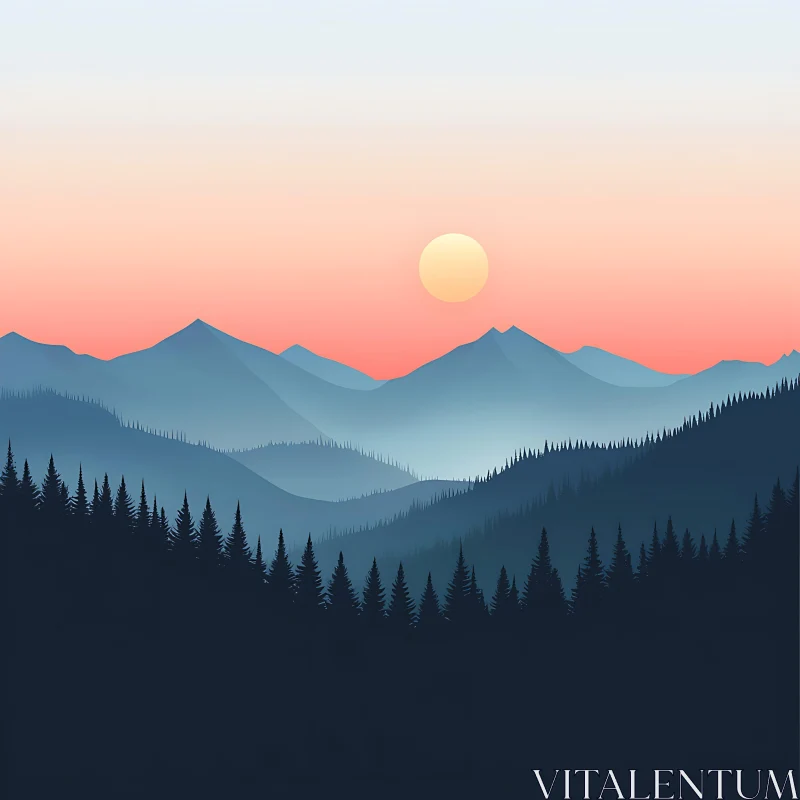 Layered Mountain Sunset Illustration AI Image