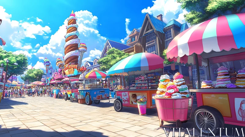 AI ART Lively Festival Market with Delicious Ice Cream Stalls