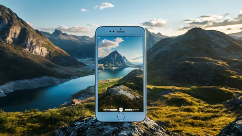 Phone Displaying Mountain Landscape