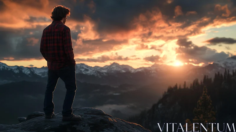 AI ART Man Watches Sunset on Mountain Top