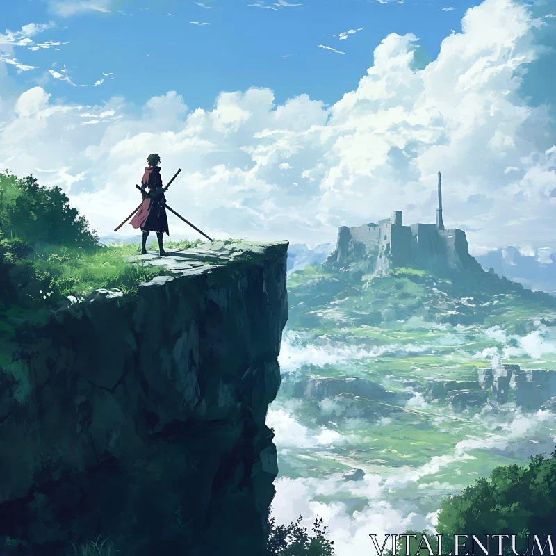 Samurai on Cliff Overlooking Distant Castle in Spectacular Landscape AI Image