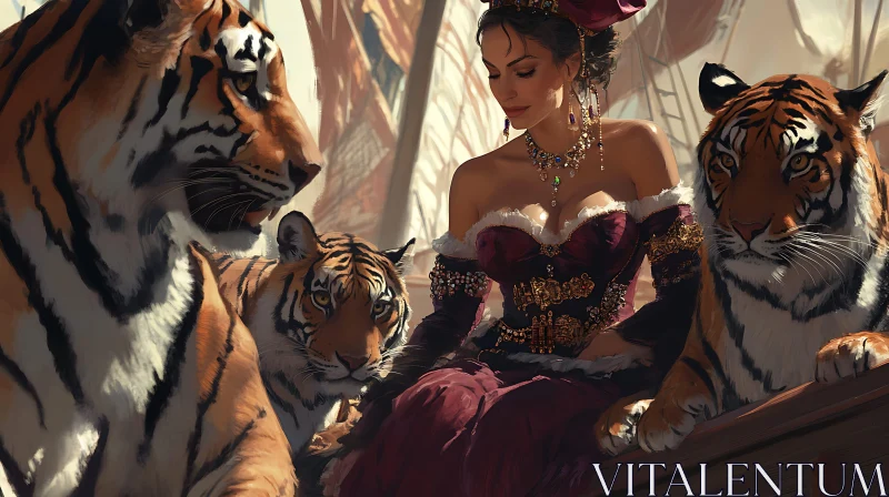 AI ART Elegant Woman and Royal Tigers Art