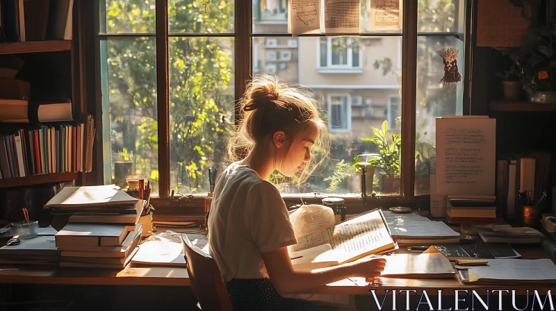 AI ART Young Woman Studying in Sunlight