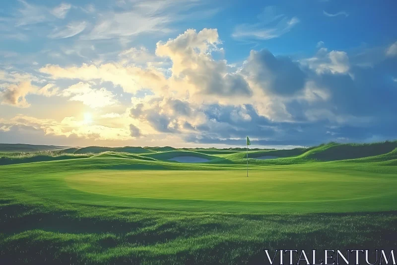 Tranquil Sunset Over a Golf Course Landscape , AI AI Image