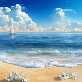 Coastal Serenity: Sailboat, Sea, and Flowers