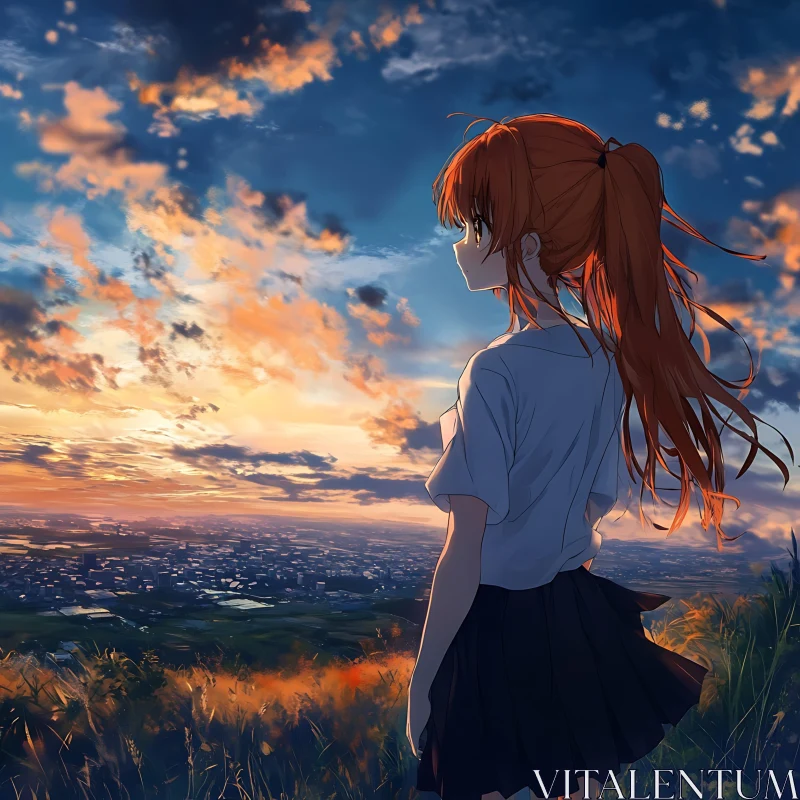 Red-Haired Anime Girl at Sunset AI Image