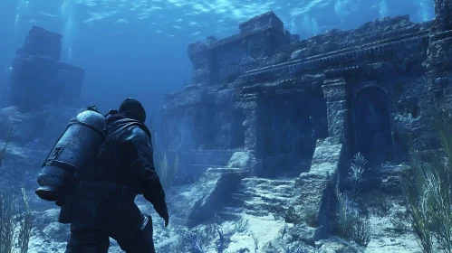 Underwater Ruins and Diver