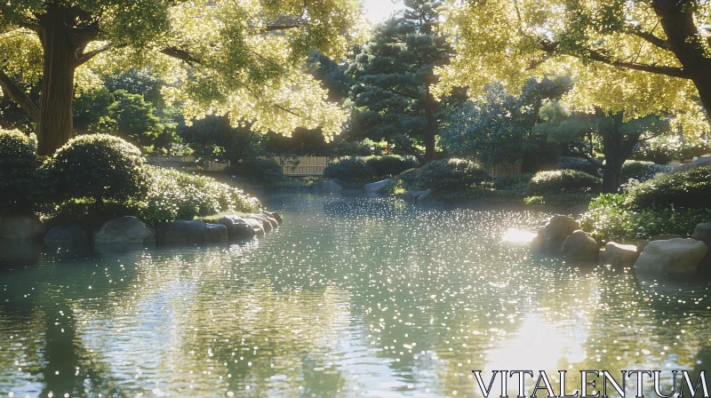 Peaceful Lakeside Garden with Sunlit Reflections AI Image