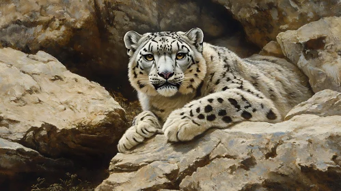 Resting Snow Leopard in Mountain Habitat