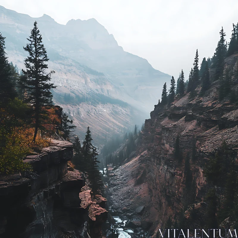 Misty Mountain River Canyon Scene AI Image