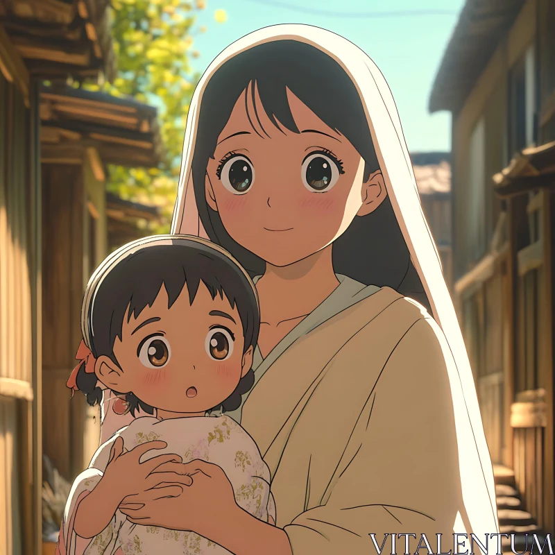 AI ART Anime Mother and Child in Serene Village