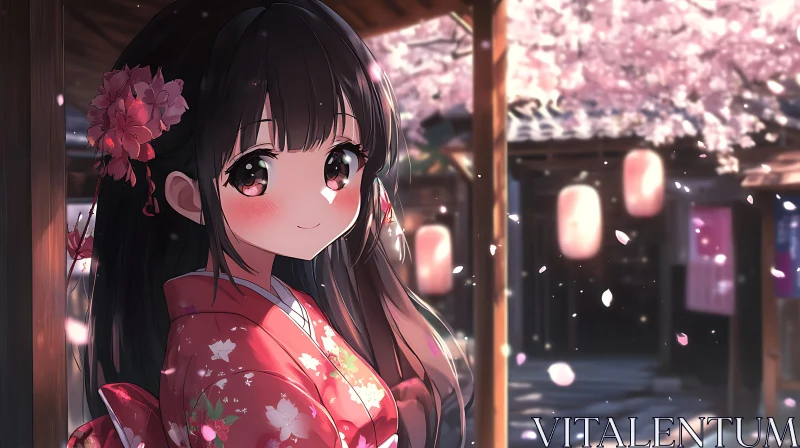 Japanese Anime Girl with Kimono and Cherry Blossoms AI Image