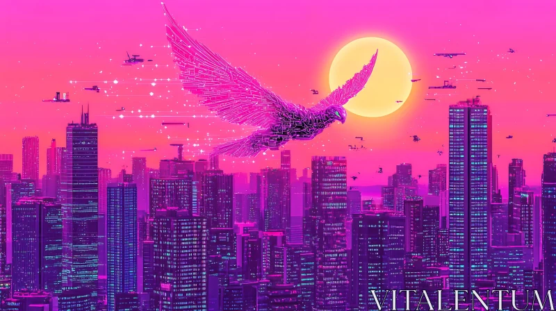 AI ART Neon Cityscape with Robotic Bird