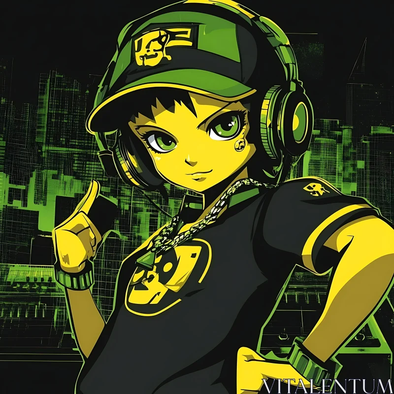 Urban Anime Character with Headphones and Cap AI Image