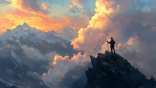 Hiker on Mountain at Sunrise