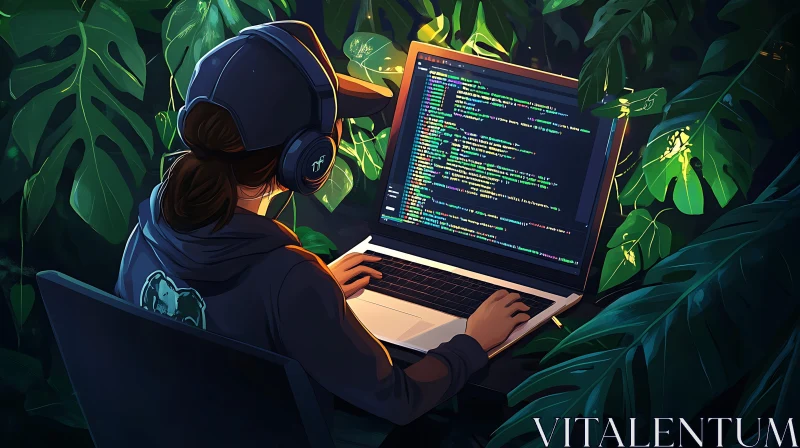 AI ART Woman Coding Surrounded by Plants