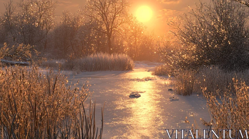 Serene Winter Sunset with Frozen Field AI Image