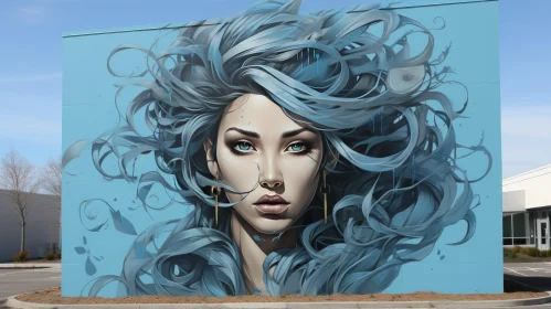 Intricate Blue Woman Mural: Realism Meets Fantasy