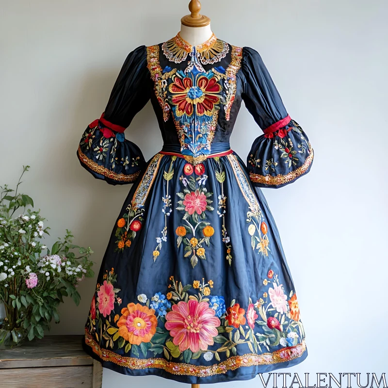 AI ART Vintage Dress with Floral Embroidery