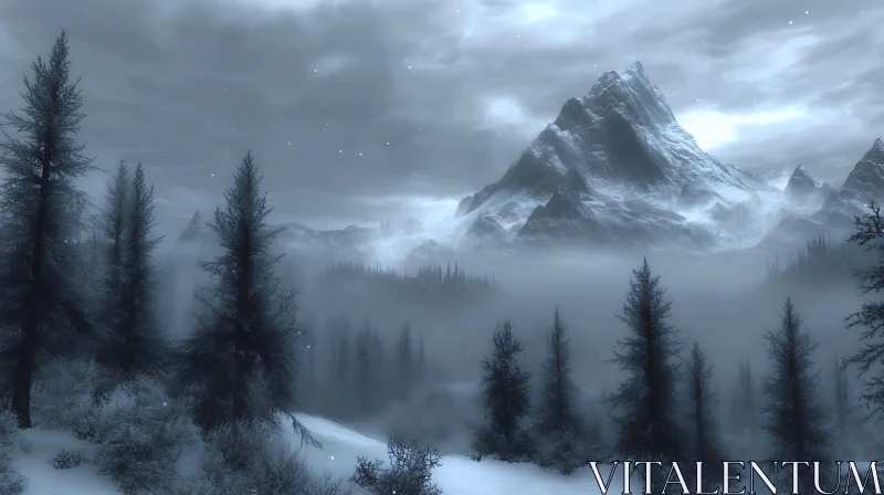 Snowy Mountain Vista in Winter Fog AI Image