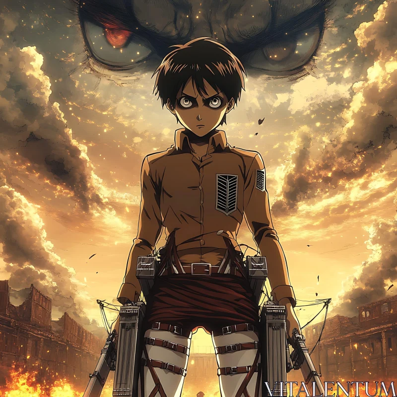 Dramatic Anime Hero Amidst Sunset and Flames AI Image