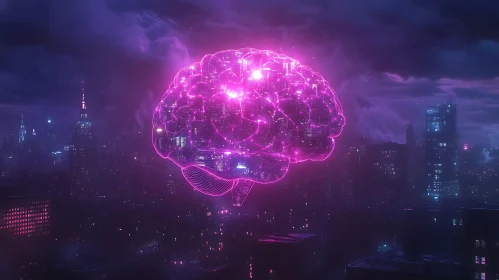 Glowing Brain Above City