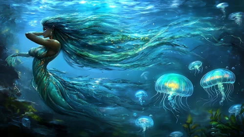 Underwater Mermaid with Jellyfish