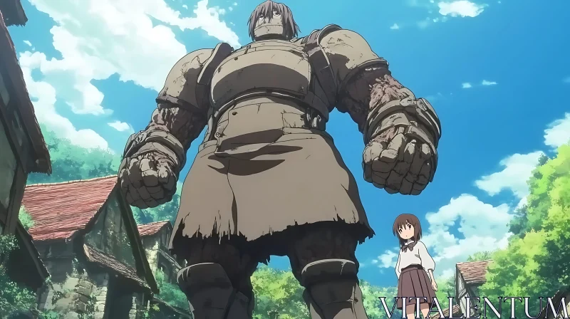 Giant Robot in Village with Girl - Anime Style AI Image