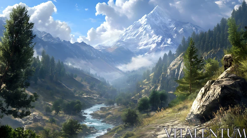 Picturesque Mountain Valley with River View AI Image