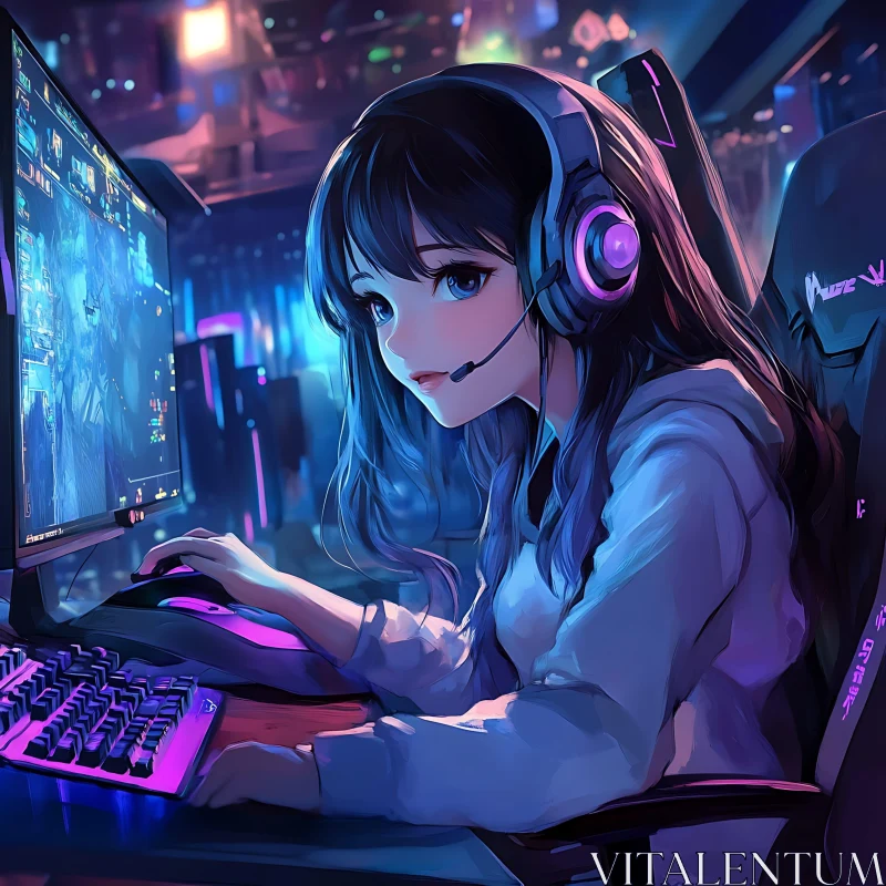 Anime Gamer Girl with Headset and Colorful Gaming Setup AI Image