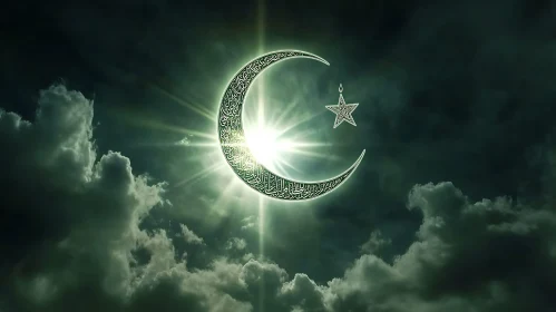 Glowing Crescent and Star in Cloudy Sky