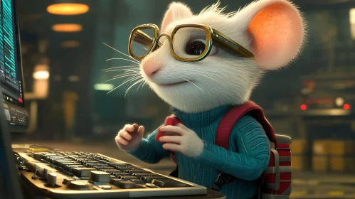 Cartoon Mouse Working on Computer