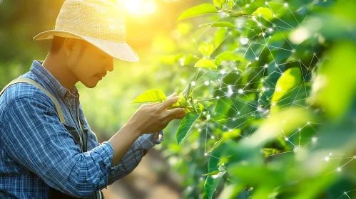 Farmer Inspecting Crops with Digital Overlay