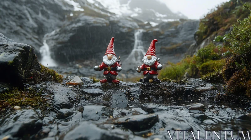 AI ART Garden Gnomes by Waterfall in the Rain