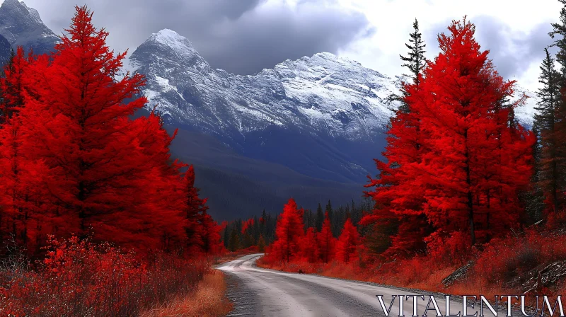 Mountain Road With Red Trees AI Image