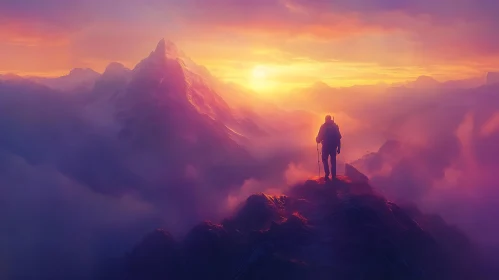 Hiker on Mountain Top at Sunset